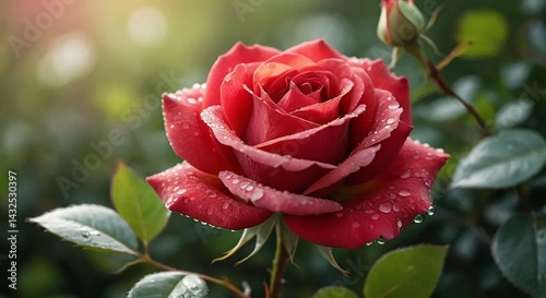 Dew-Kissed Crimson Rose in Soft Sunlight