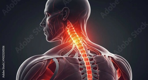 Anatomical Illustration: Male Neck and Upper Spine with Pain Indication