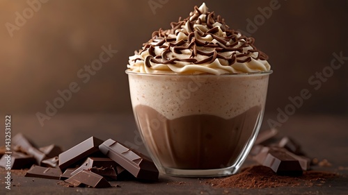 A dark chocolate frappuccino topped with chocolate shavings