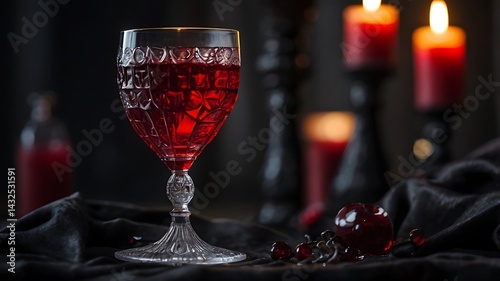 A dark gothic-themed vampire blood drink in a crystal goblet