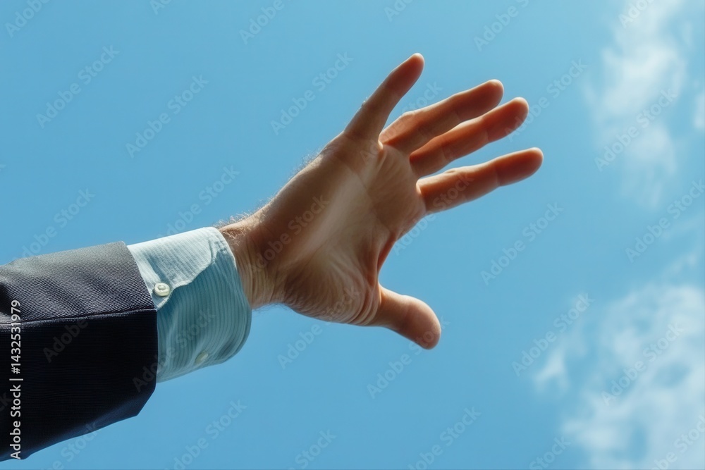 Outstretched hand reaching towards a clear blue sky, symbolizing aspiration and hope Outstretched hand reaching towards a clear blue sky, symbolizing aspiration and hope