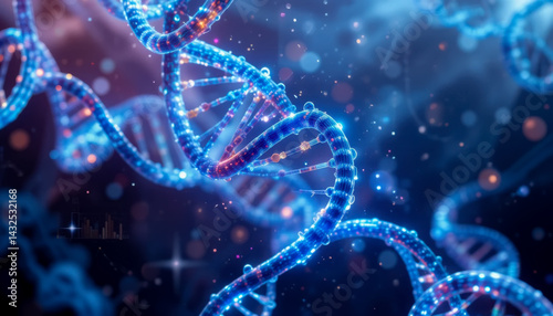 A vibrant close-up of a DNA double helix, rendered with glowing particles and bokeh effects.  Suggests genetic research and scientific discovery.