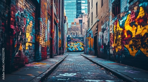 Urban Graffiti Alley: Vibrant Street Art and Brick Textures