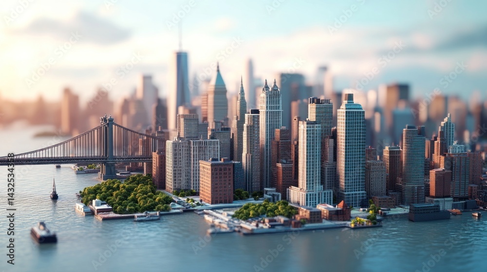 Obraz premium Cityscape model of New York. Sunrise over iconic skyscrapers