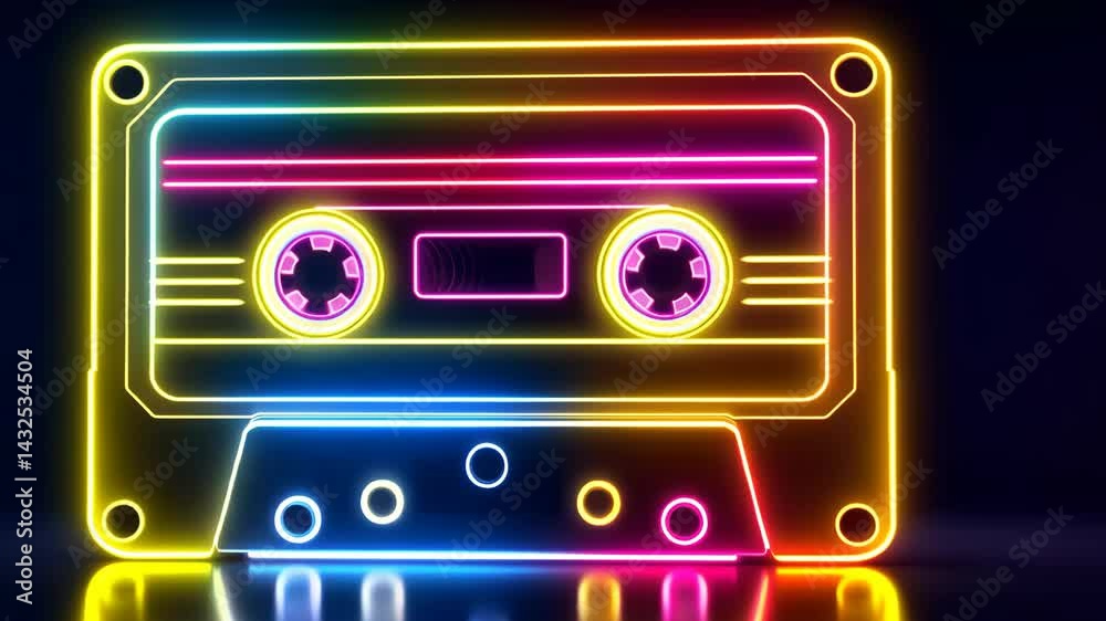 Neon retro cassette tape with glowing multi colored lines, abstract
