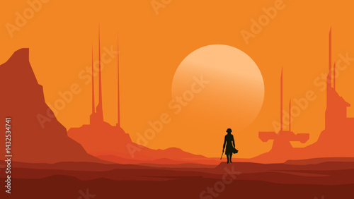 Star war Day Dune Scifi Character landscape illustration Vector cover art