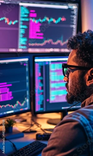 Focused individual analyzing financial data on multiple screens in a dimly lit office