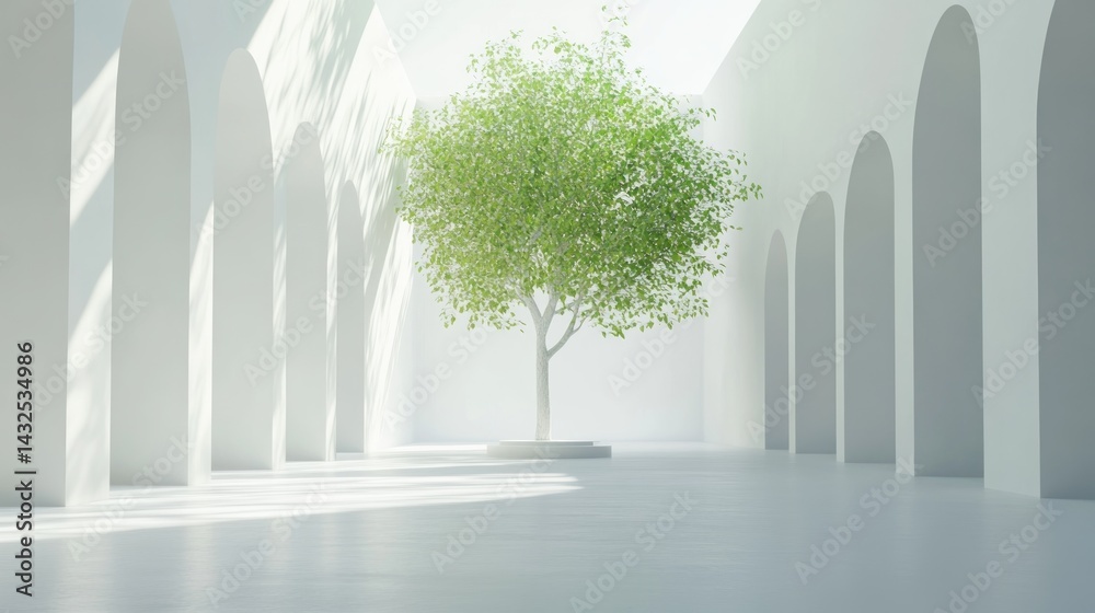 Obraz premium Modern minimalist interior with a single tree (1)