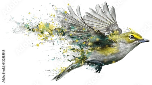 A digitally enhanced portrayal of a small bird in flight.