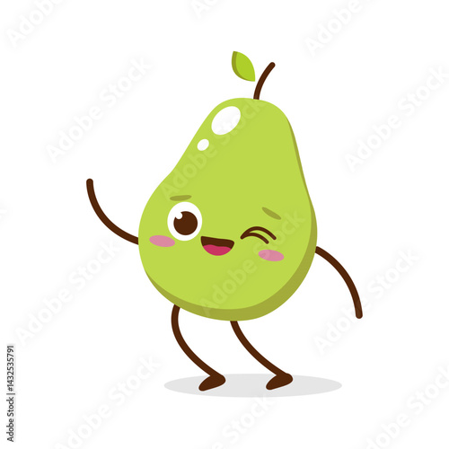 Cute Smiling Green Avocado Character Waving – Kawaii Green Fruit Mascot Vector	
