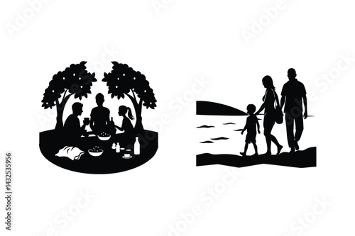 Family Picnic And Beach Walk Silhouette Leisure Time Activities Vector Illustration