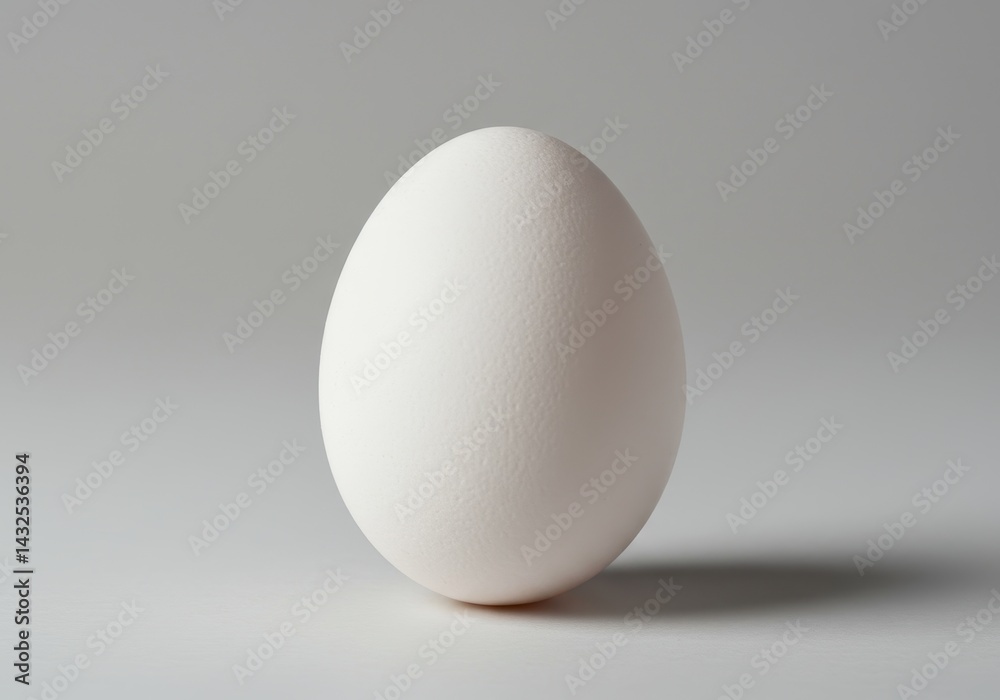 A single white egg standing upright on a light gray surface with a soft shadow behind it in studio light A single white egg standing upright on a light gray surface with a soft shadow behind it in studio light