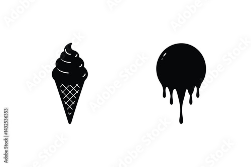 Monochrome Ice Cream Cone And Melting Orb Vector Graphic Illustration