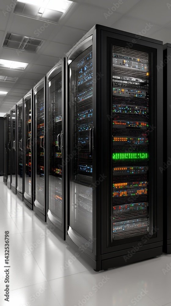 Server racks in a modern data center. Rows of dark cabinets Server racks in a modern data center. Rows of dark cabinets