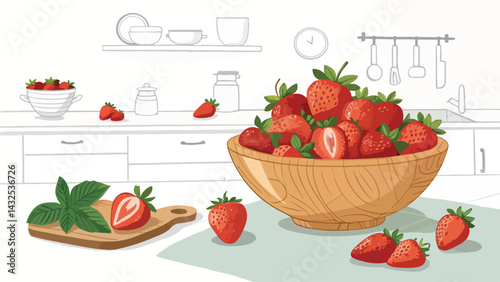 Strawberry Illustration vector design, Strawberries in bowl on table in kitchen vector design