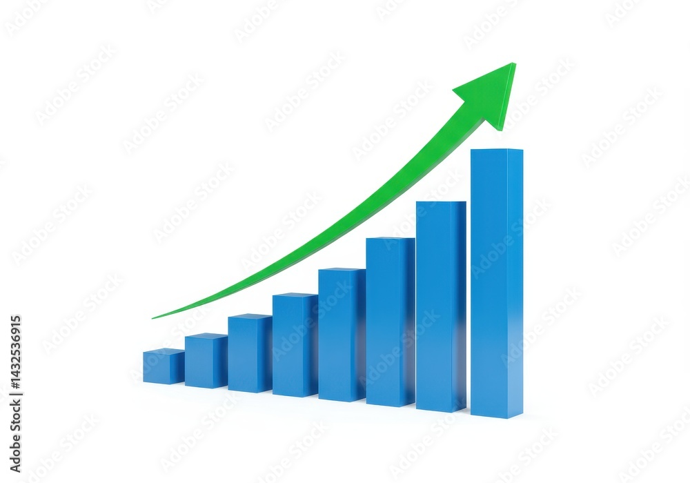 A blue bar graph showing an upward trend with a green arrow indicating growth and success on white A blue bar graph showing an upward trend with a green arrow indicating growth and success on white