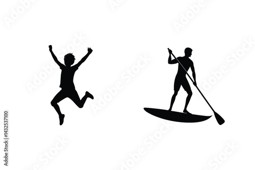 Active Lifestyle Silhouettes Boy Jumping And Man Paddleboarding On A White Background