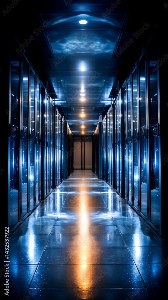 Server room hallway, illuminated by lights reflecting on the floor Server room hallway, illuminated by lights reflecting on the floor