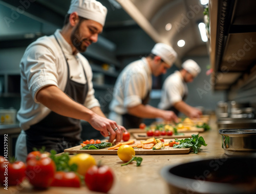 Obraz na płótnie The image shows a group of chefs in a commercial kitchen, each preparing food w salonie