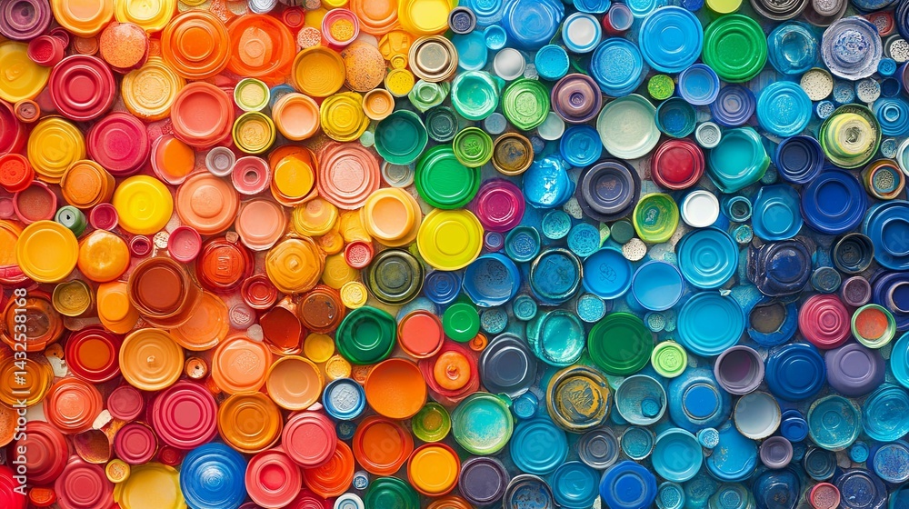 Colorful recycled bottle caps arranged in a vibrant mosaic design. Colorful recycled bottle caps arranged in a vibrant mosaic design.