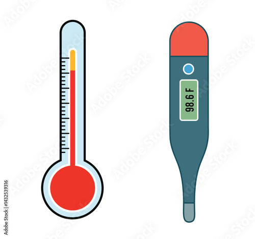 Thermometer set illustration- Digital and mercury thermometers displaying temperature - Medical and health vector graphics