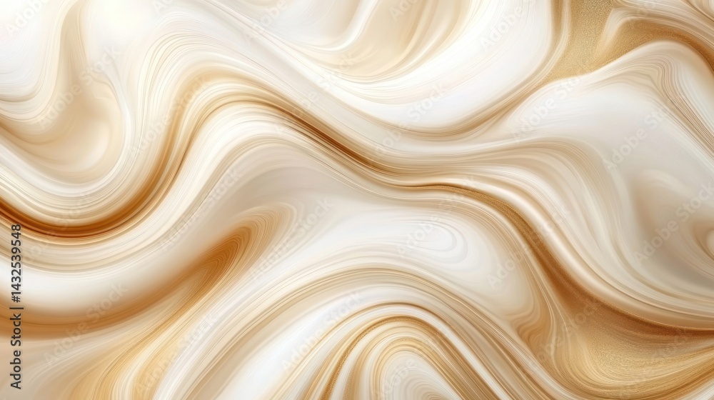 Flowing ribbons of pearly white and golden bronze create a dreamy liquid marble design ideal for elegant presentations and artistic backdrops