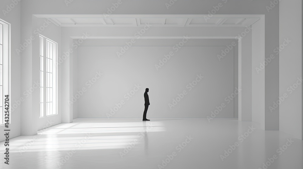 Obraz premium Solitary Figure in a Minimalist White Room: A Study in Space and Isolation