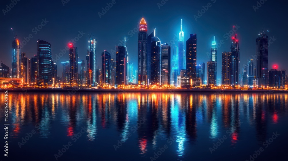 Fototapeta premium Illuminated urban landscape reflections in calm waters at twilight hour