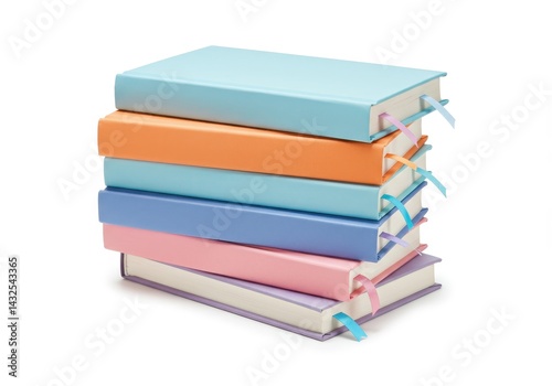 Stack of pastel colored books with ribbons on a white background in a studio shot style image