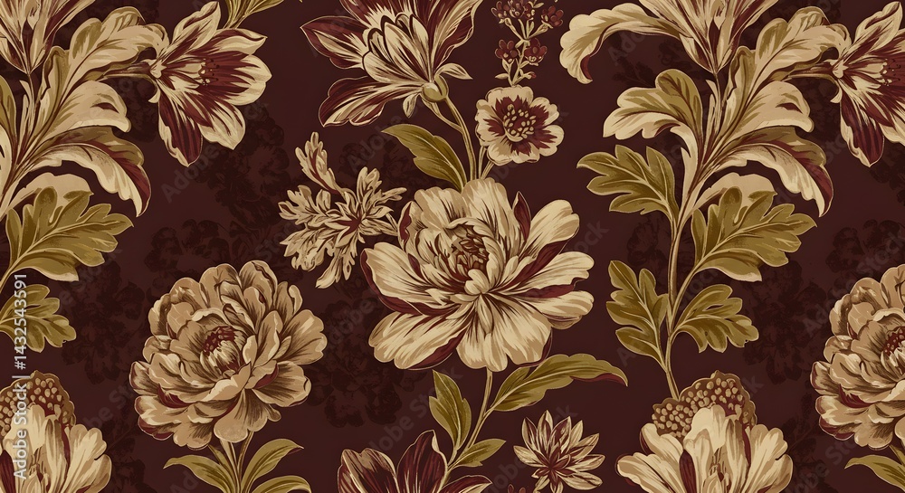 Elegant Maroon and Beige Floral Pattern Seamless Textile Design with Vintage Style Flowers and Leaves Elegant Maroon and Beige Floral Pattern Seamless Textile Design with Vintage Style Flowers and Leaves
