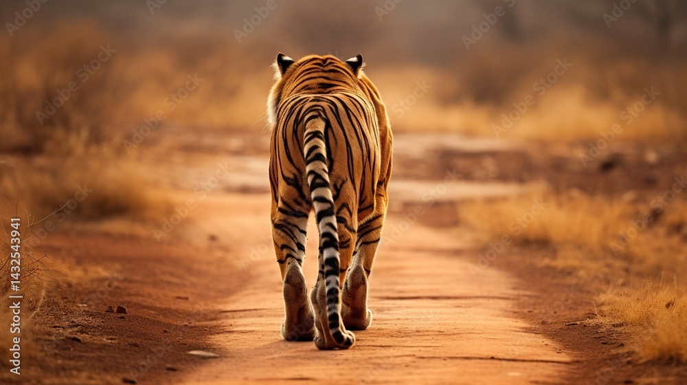 Fototapeta premium Majestic Tiger Walking Away on a Dirt Path
