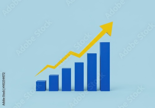 Free Download Blue bar graph with an upward trending yellow arrow on a light blue background indicating growth - GFXLoad