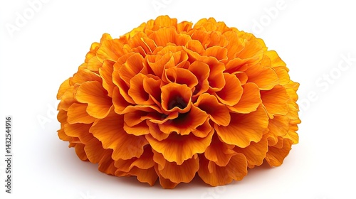 Isolated Golden Marigold Flower Head Full Bloom Detailed Petals On White Background