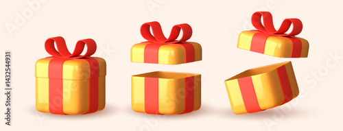 Set of 3D open and close yellow gift boxes with ribbon in red over white background. 3D rendering of a modern holiday surprise box.