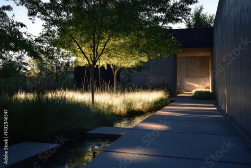 Modern landscaping design with pathway illuminated at dusk. photo