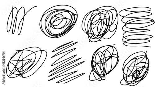 Spontaneous circular scribbles and parallel lines in black for artistic expression