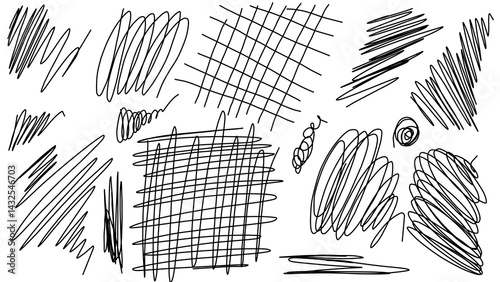 Spontaneous hand-drawn scribbles and hatching patterns in black for artistic expression