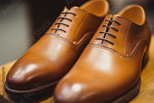 Polished brown leather shoes displayed on a wooden surface. photo