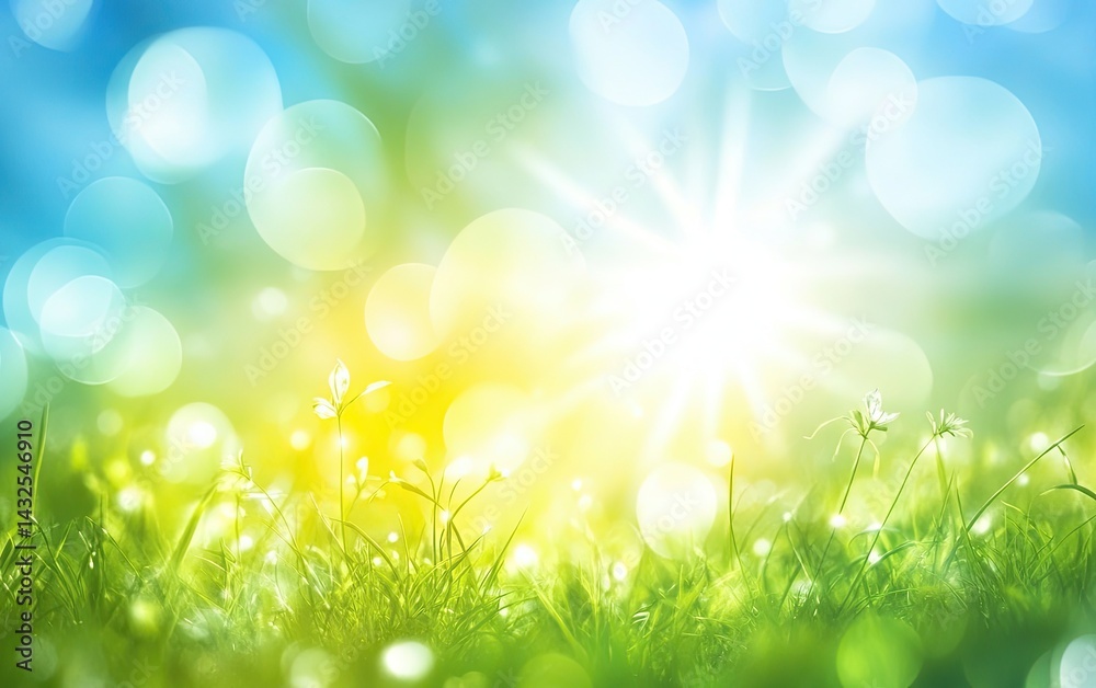 Fototapeta premium Sunlit Meadow with Soft Bokeh, Green Grass, Wildflowers, and Light Blue Sky