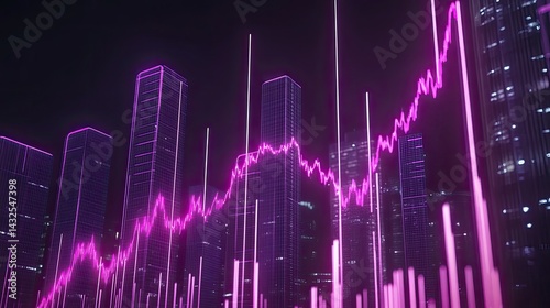 Night Cityscape with Dynamic Stock Market Graph Overlay: Neon Pink and Purple Financial Growth Visual