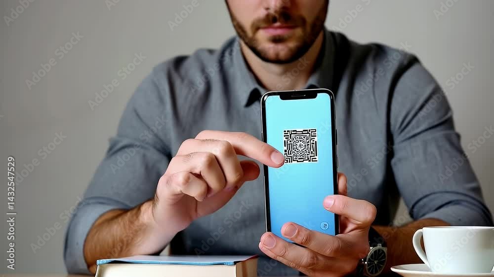 Close-up of a man using a smartphone to scan or display a QR code. Concept of mobile technology, digital payments, smart access, and modern connectivity.