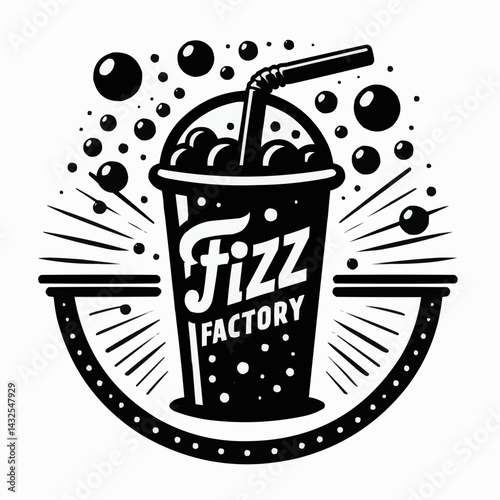 Cool Refreshment: A stylish monochrome depiction of a soda cup, brimming with refreshing bubbles and a straw, set within a radiating design, embodying thirst-quenching delight.