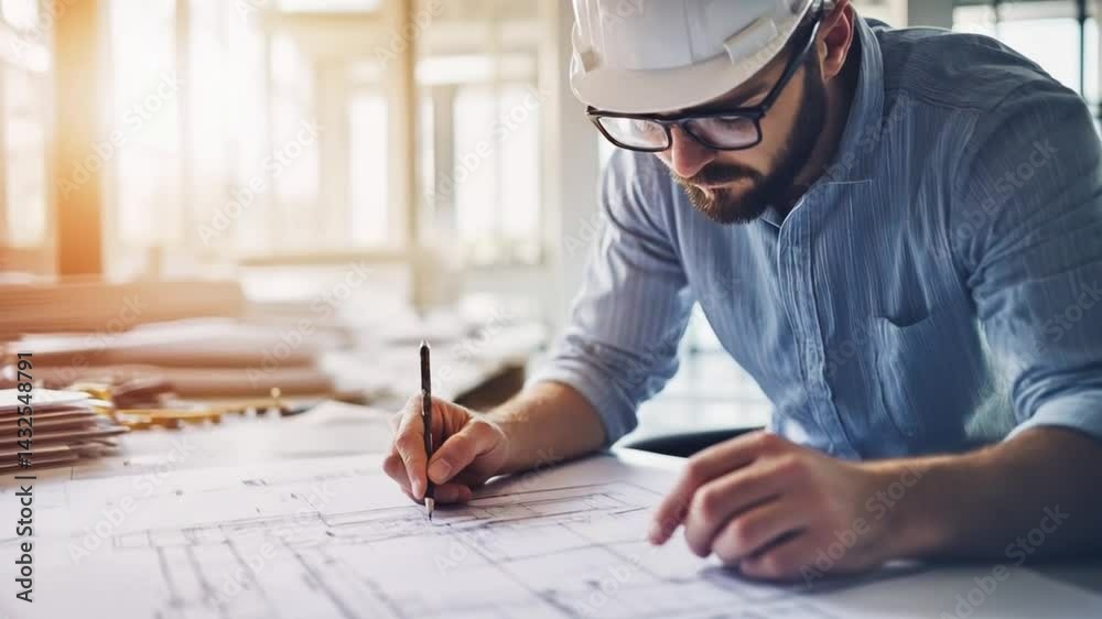 Focused architect drafting plans with precision