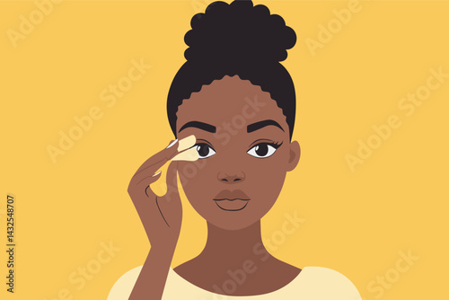 African woman tapping eye cream under eyes with ring finger, skincare awareness vector illustration