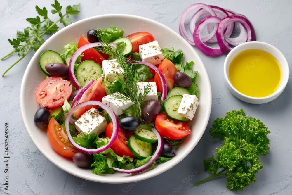 Fresh Greek salad with feta cheese, tomatoes, cucumbers, olives, red onion and olive oil dressing Fresh Greek salad with feta cheese, tomatoes, cucumbers, olives, red onion and olive oil dressing