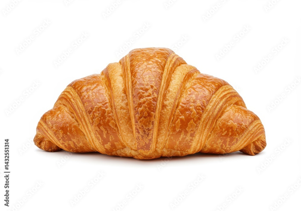 A single golden brown croissant isolated on a white background with visible flaky layers and texture A single golden brown croissant isolated on a white background with visible flaky layers and texture