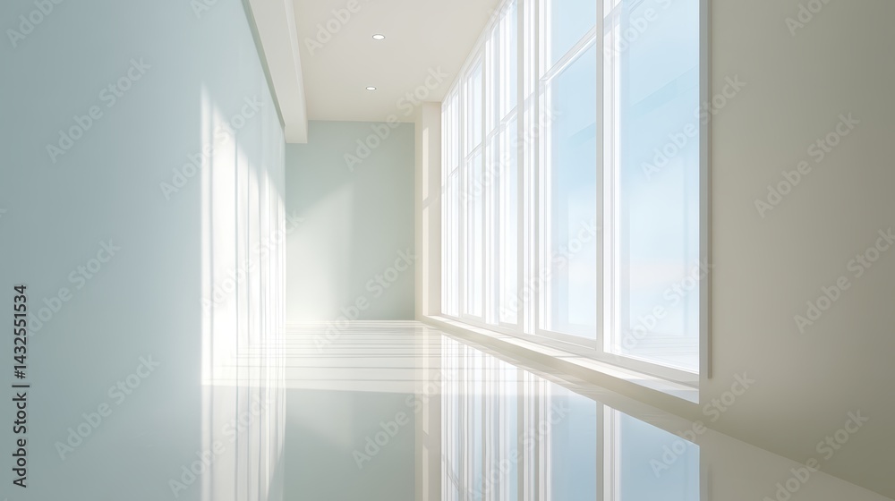 Fototapeta premium Bright and airy interior space with large windows and natural light creating a serene atmosphere for relaxation and creativity mock up