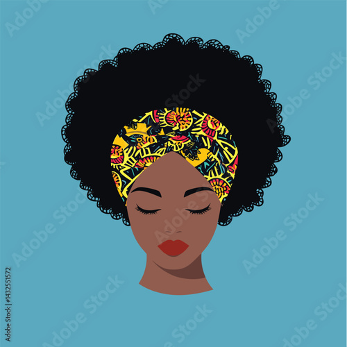 African woman with afro hair and patterned headband, modern natural hairstyle vector illustration