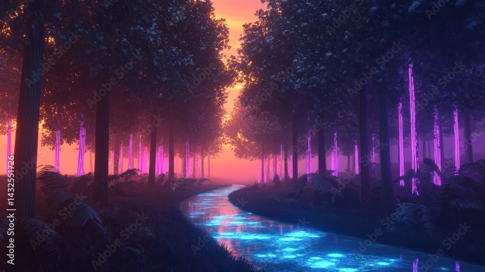 Obraz premium Mystical forest bathed in ethereal light with luminous river flowing through