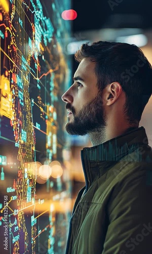 Man observing digital data visualization in a modern tech environment with glowing screens